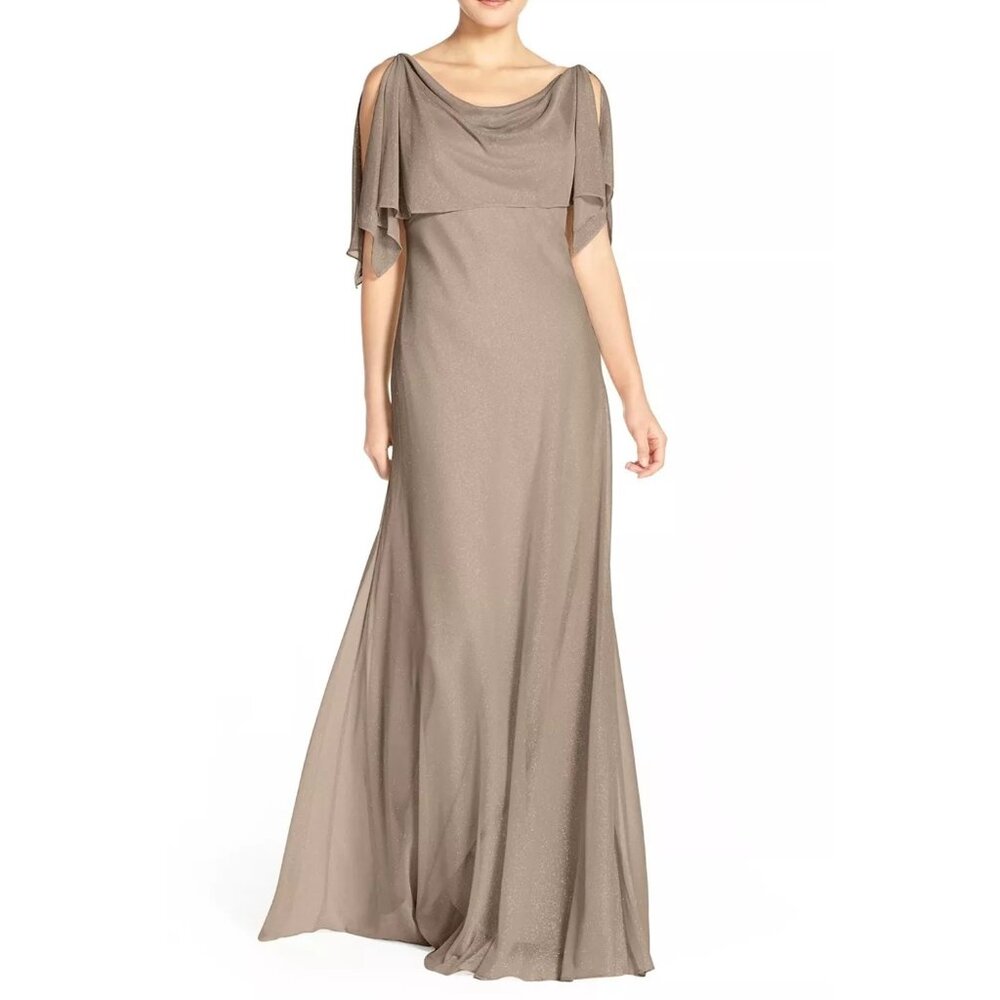 $350 JENNY YOO Devon Glitter Knit Gown with Detachable Capelet TAUPE 8